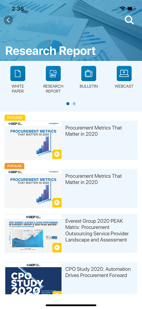 GEP GO - Interfaz de la aplicación GEP GO que muestra informes de investigación de adquisiciones y white papers