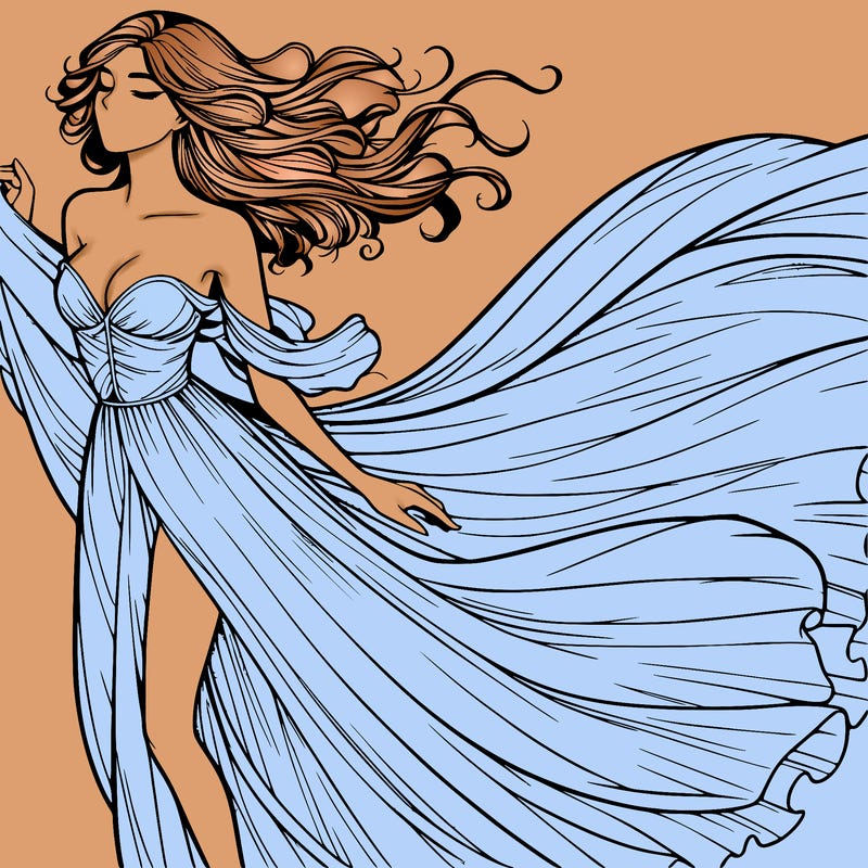 realistic woman in dress flowing the the wind