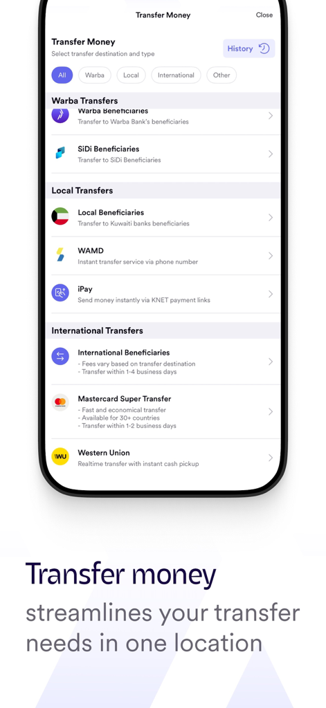 Warba Bank app screen displaying local and international money transfer options including Western Union.
