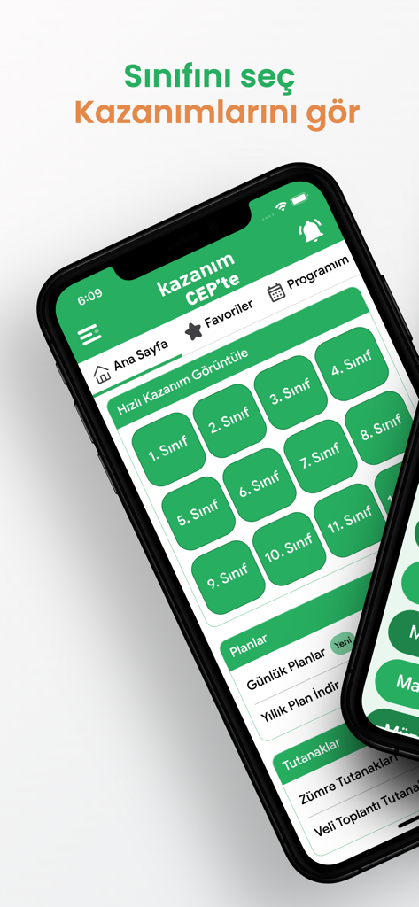 Kazanım Cepte: Yıllık Planlar - Startbildschirm der Kazanım Cepte-App mit Schaltflächen zur Klassenauswahl und Unterrichtsplanungswerkzeugen für Lehrer.
