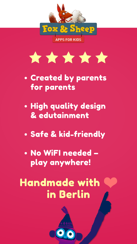 Hat Monkey by Chris Haughton - Promotional graphic for Hat Monkey app by Fox and Sheep listing key features and five star rating