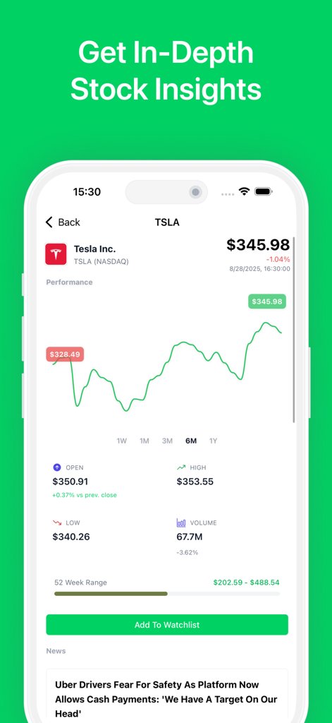 StockGenius: AI Portfolio - StockGenius app interface showing detailed stock analysis for Tesla with a price chart and key financial metrics.