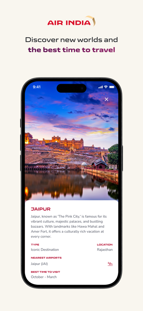 Air India: Book Flight Tickets - Schermata dell'app mobile Air India che mostra una guida di viaggio per Jaipur con un'immagine panoramica di un palazzo e il periodo migliore per visitarla.