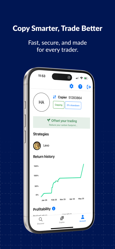Interfaccia dell'app mobile ZXCM Social Trader che mostra un grafico della cronologia dei rendimenti e le performance di copy trading