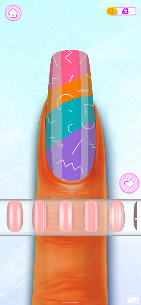 Nail Salon Game: Makeup Games - Una uña larga con un vibrante patrón geométrico multicolorido en un juego de belleza