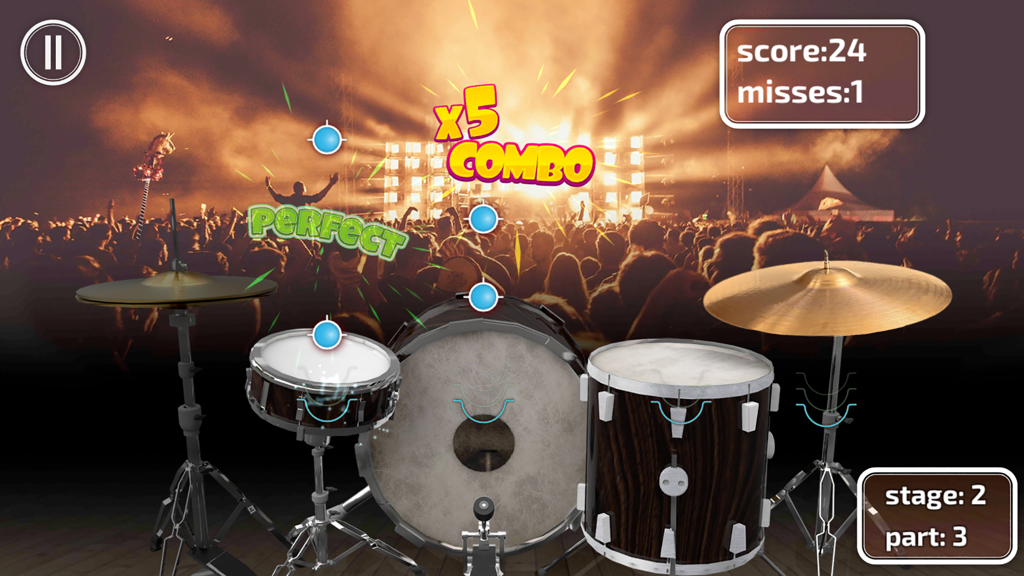 Real Drums Game - Virtual drum kit interface with score and combo counters over a concert crowd background