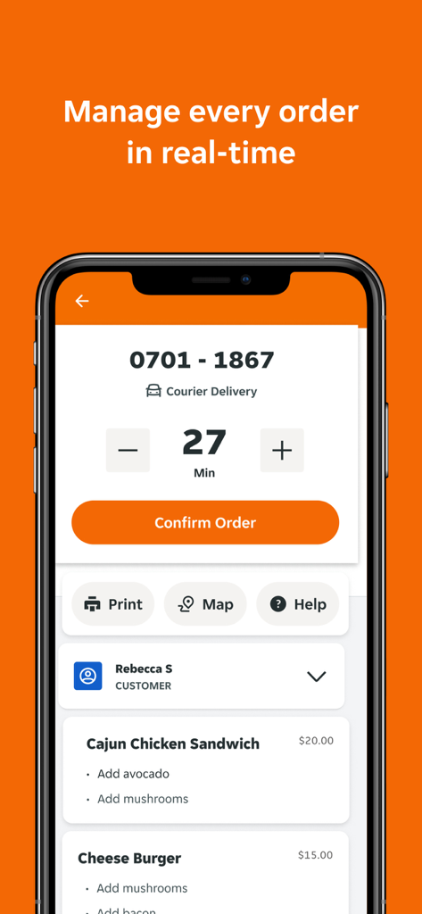 Interface of the Skip Partner app showing real-time order details and management features for restaurant owners.