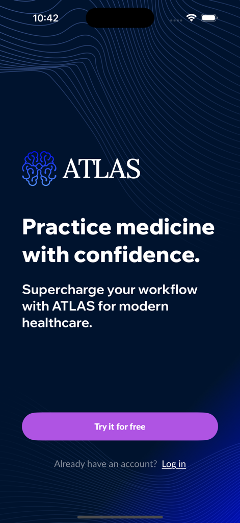 ATLAS: Medical Intelligence - ATLAS Medical Intelligence app welcome screen with logo and tagline Practice medicine with confidence