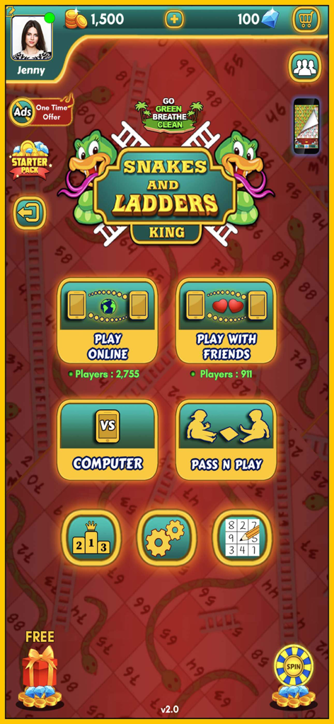 Snakes and Ladders King - Pantalla principal de la aplicación Rey de Serpientes y Escaleras mostrando los modos de juego multijugador y pasa y juega