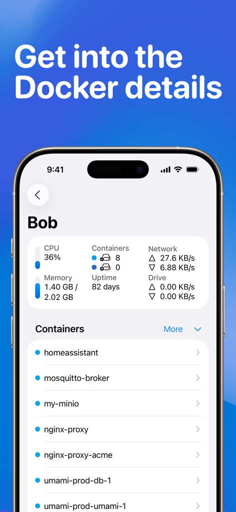 サーバーCPU使用率とアクティブコンテナのリストを表示するWhaleDeck DockerマネージャーのiPhone画面。
