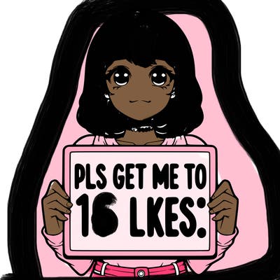 realistic girl holding up a sign that says “pls get me to 15 likes!”