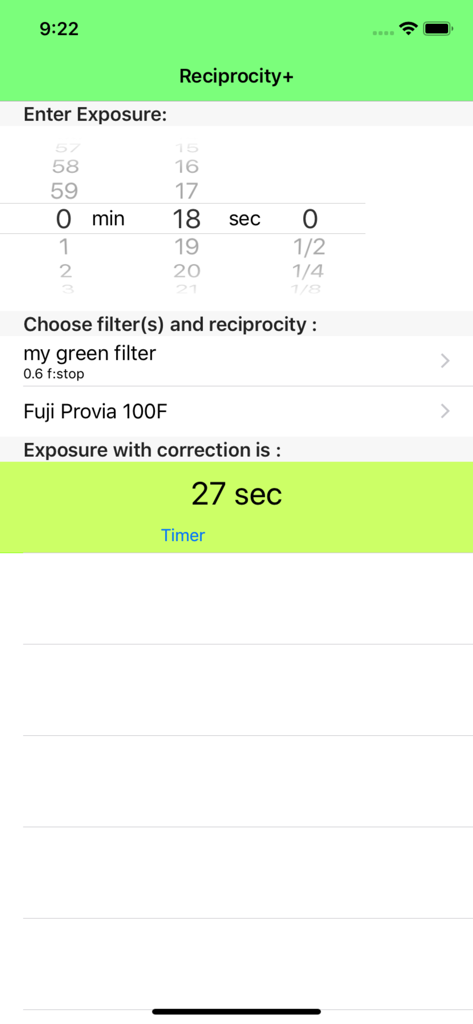 Reciprocity Plus app interface showing long exposure correction calculation for Fuji Provia film
