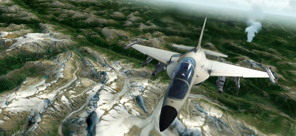 RCS - Real Combat Simulator - Un avión de combate volando sobre un terreno montañoso detallado en el juego móvil RCS Real Combat Simulator