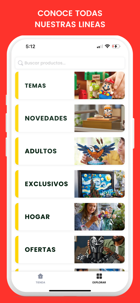 Screenshot of the LEGO Chile mobile app showing product categories including Themes New Arrivals Adults and Exclusives
