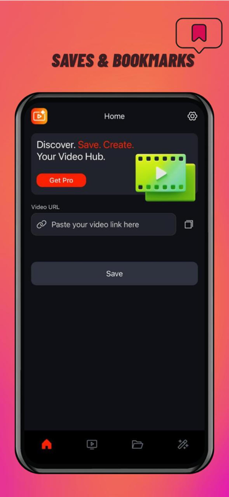Pantalla de inicio de la aplicación Video Saver con un campo de entrada de URL para pegar enlaces de video y un botón de guardar.