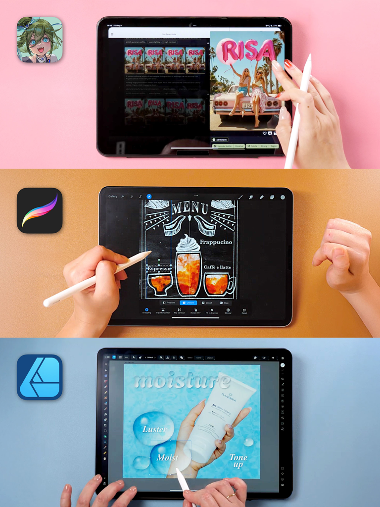 Appfolio - Users creating digital art and graphic designs on an iPad with an Apple Pencil