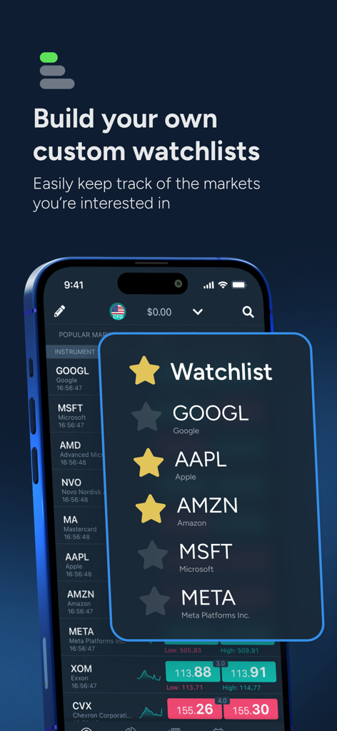 ThinkTrader - ThinkTraderアプリ画面に、テクノロジー企業シンボルを使用したカスタム株式ウォッチリストの作成が表示されています