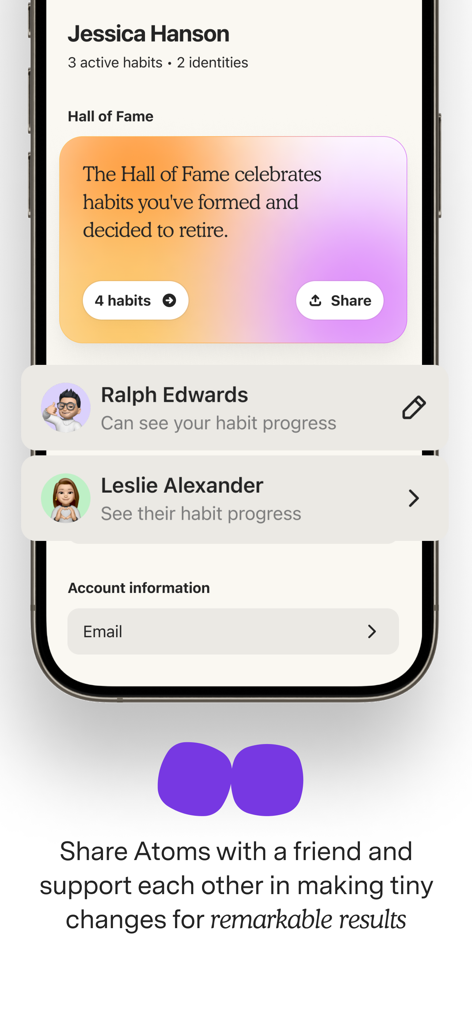 Interface of the Atoms habit tracker app showing social sharing and user profile features