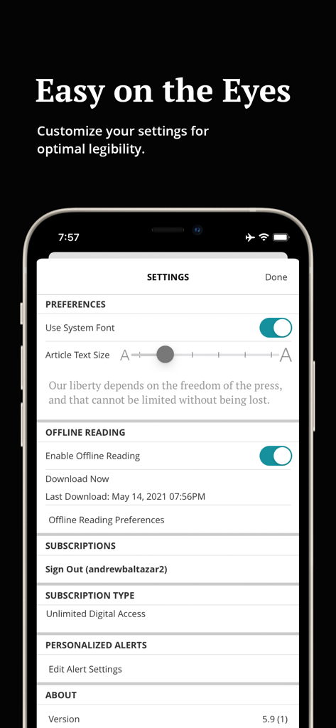 Orlando Sentinel app settings menu for text size and offline reading