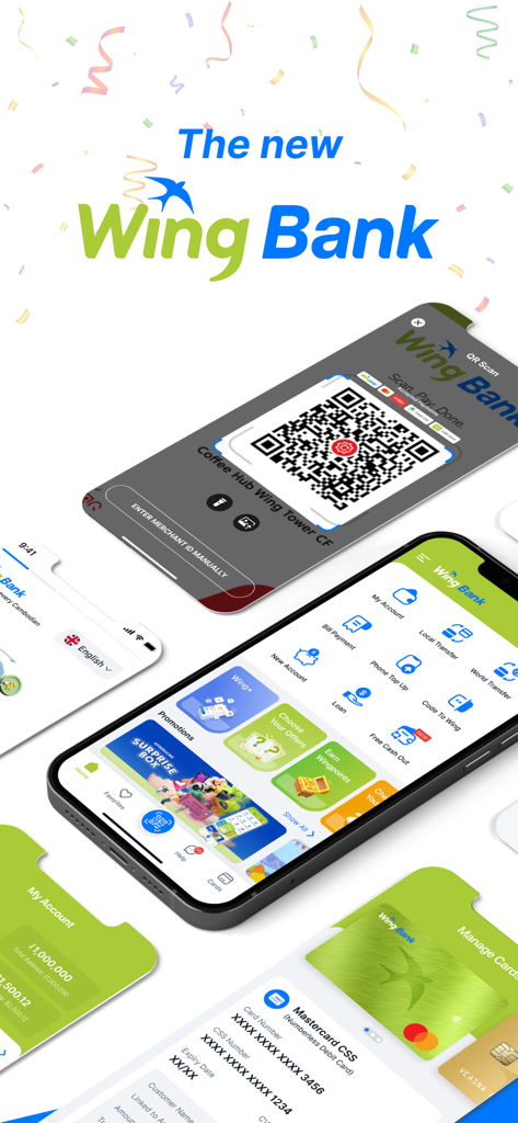 The Wing Bank mobile app interface featuring digital payment and transfer options