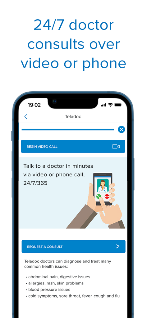 Pantalla de la aplicación Blue Shield of California que muestra consultas de telesalud de Teladoc 24/7 por video y teléfono