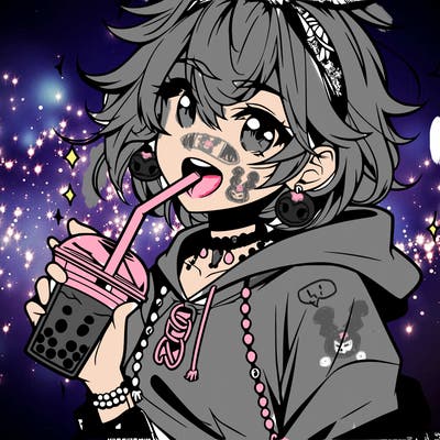 hot baddie anime girl drinking boba and biting the straw