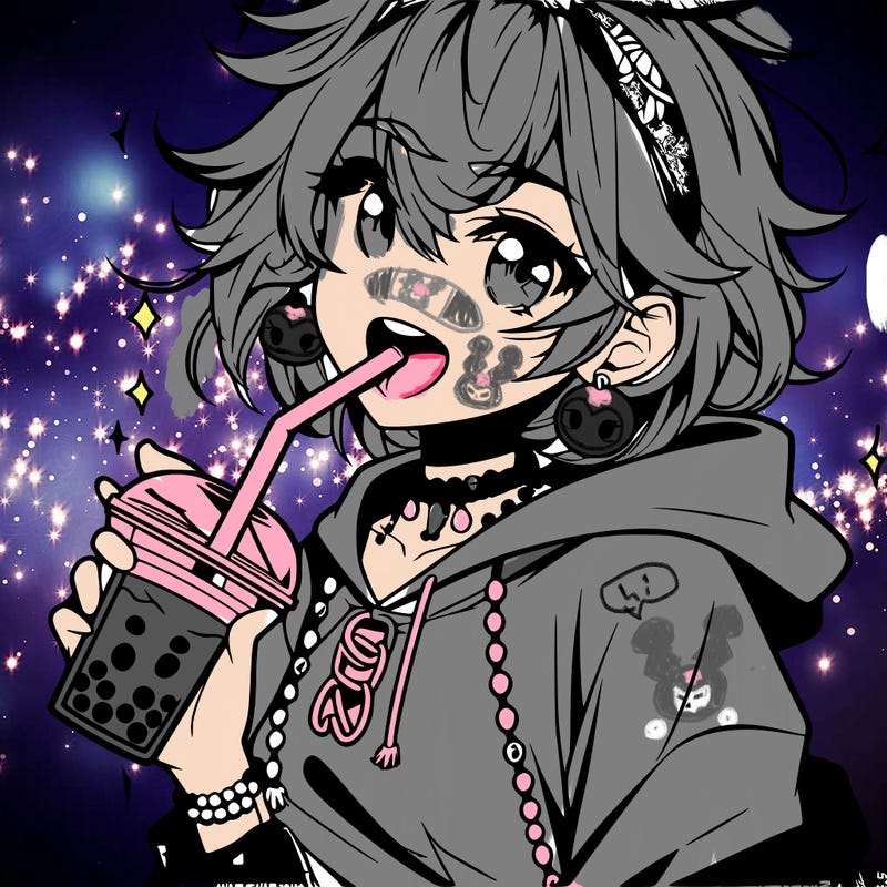 hot baddie anime girl drinking boba and biting the straw