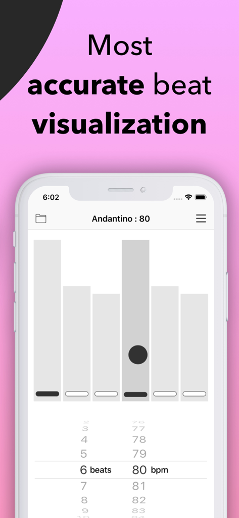 BounceMeter mobile app interface showing a bouncing ball animation for visual metronome beats