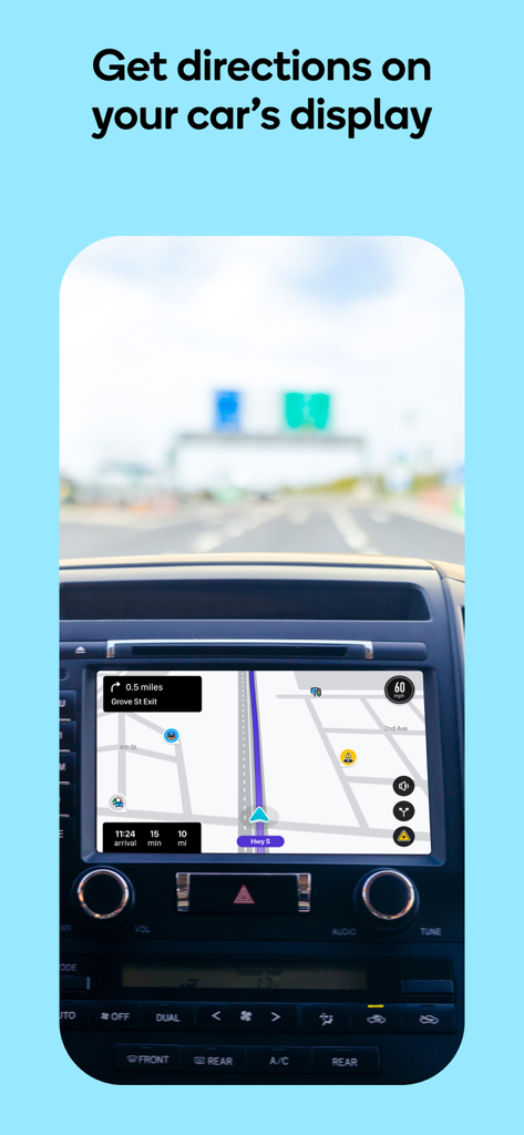 Waze navigation app displayed on a car dashboard screen showing real-time directions and traffic alerts