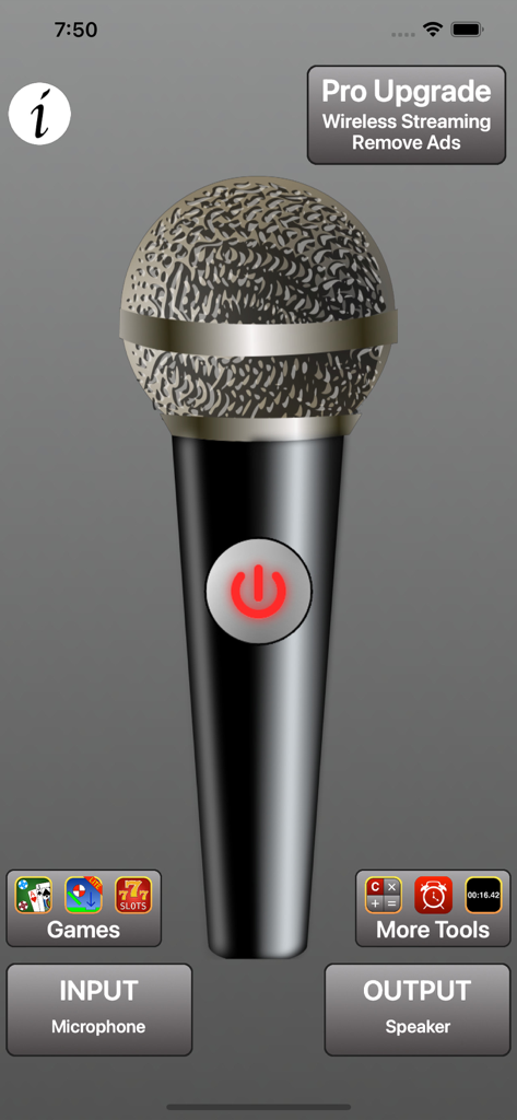 The user interface of Megaphone Voice Amplifier app featuring a large microphone and a red power button