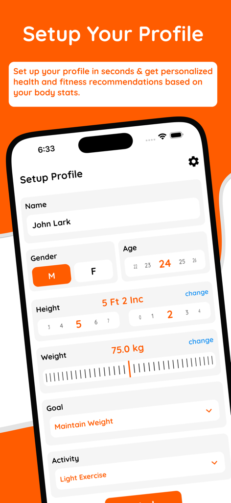Tela de configuração de perfil do aplicativo Calculadora TDEE com campos para estatísticas corporais pessoais e objetivos de fitness