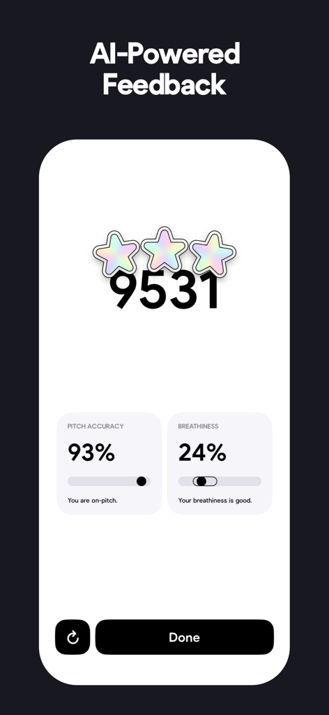 Vocalista: Learn to Sing - AI-powered singing feedback in Vocalista app showing pitch and breathiness scores