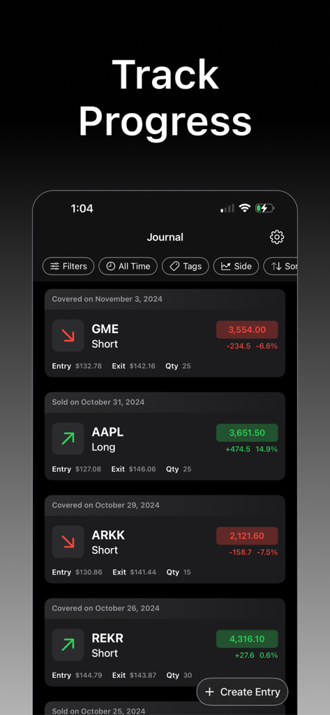 Trading Journal - Track Trades - A mobile trading journal interface displaying a list of tracked stock trades with profit and loss data