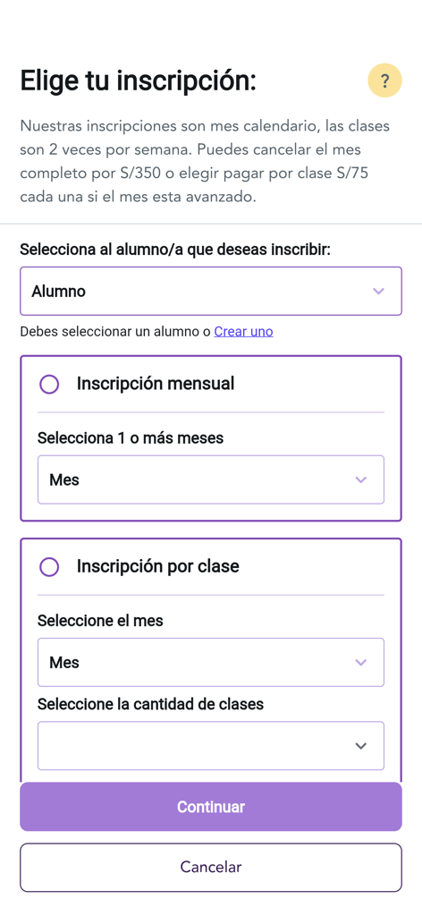 REBORN by Dance Studio Peru - Mobile registration screen for REBORN by Dance Studio Peru showing monthly and per class enrollment options in Spanish.