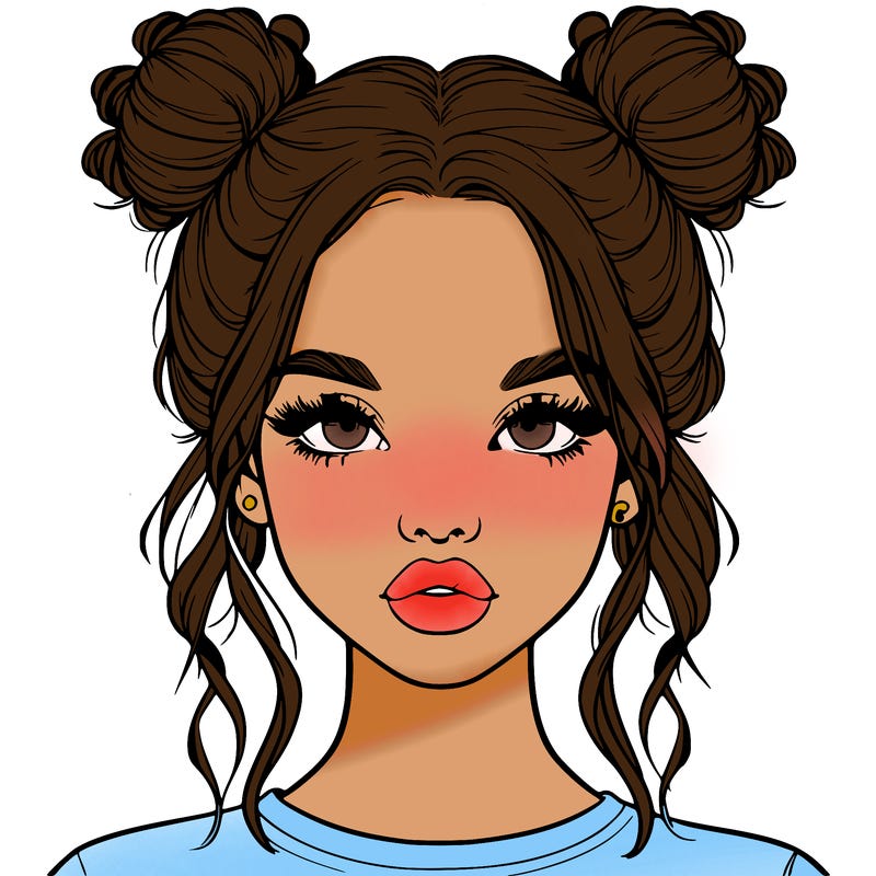 realistic girl with two buns in hair and lips