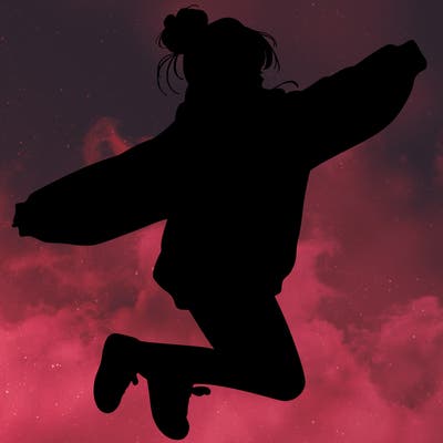 realistic girl jumping with a bun and oversized sweatshirt