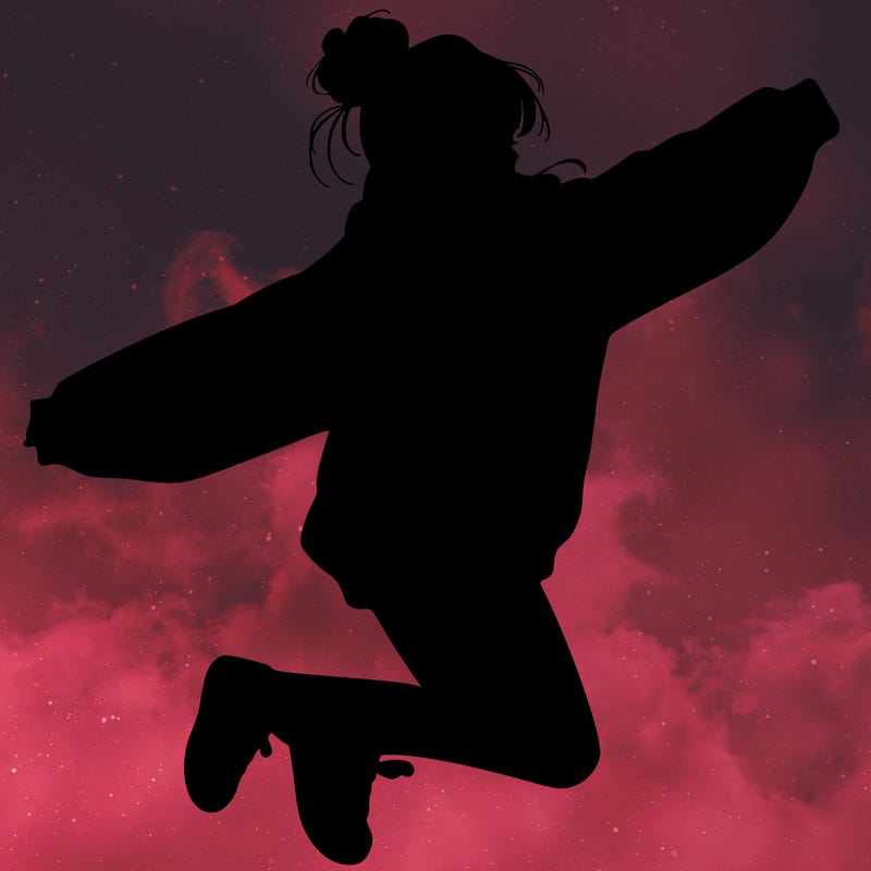 realistic girl jumping with a bun and oversized sweatshirt
