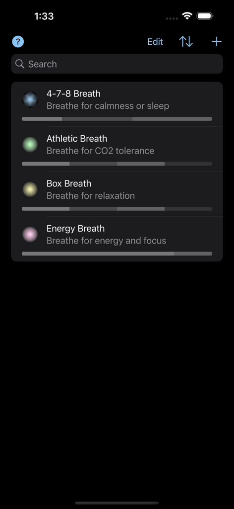 Breathe Bubble - Interface of Breathe Bubble app displaying a list of breathing exercises like 4-7-8 and Athletic Breath