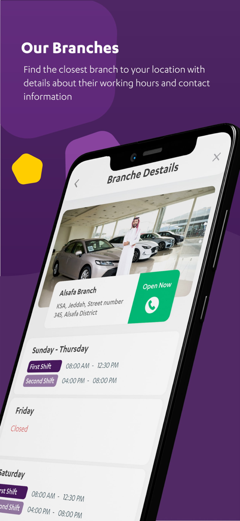 Alj Finance mobile app showing branch details and working hours for Alsafa Branch in Jeddah