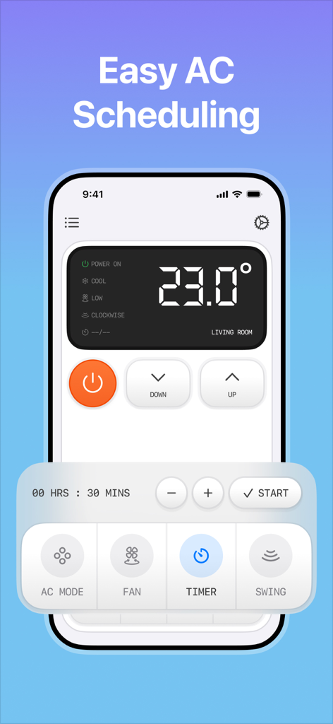 AC Remote control - S9Remote - Interfaz de la aplicación S9Remote mostrando la configuración fácil de programación y temporizador del aire acondicionado para una sala de estar.