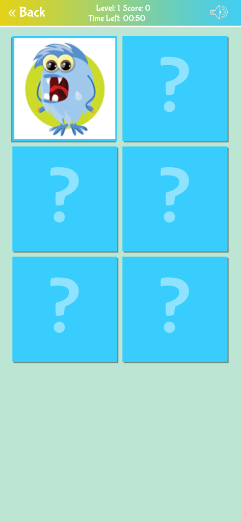 Cute Monsters Matching Game - A revealed monster card in the memory matching game