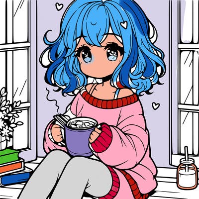 cute anime girl reading book and drinking hot chocolate from mug with loose wavy hair wearing a baggy sweatshirt and shorts sitting by windowsill looking out