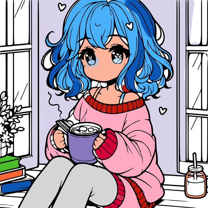 cute anime girl reading book and drinking hot chocolate from mug with loose wavy hair wearing a baggy sweatshirt and shorts sitting by windowsill looking out