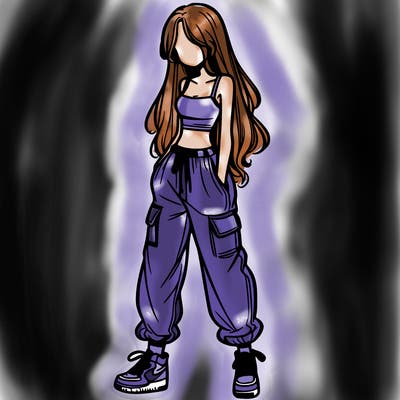 girl in baggy pants crop top and long hair