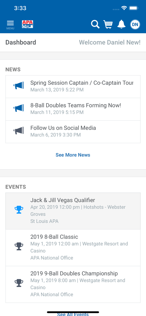 Tableau de bord de l'application APA Pool League affichant des mises à jour d'actualités et un calendrier des tournois régionaux et des qualifications à venir.
