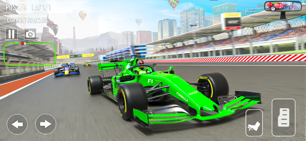 Green formula race car speeding on an urban track in a racing simulator.