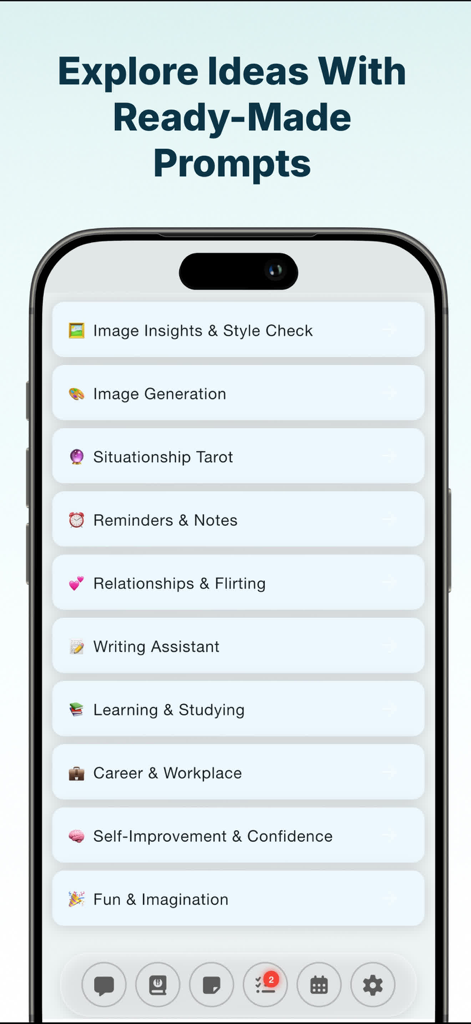 A smartphone screen showing the Memozy app with a list of ready-made AI prompt categories for productivity and self-care.