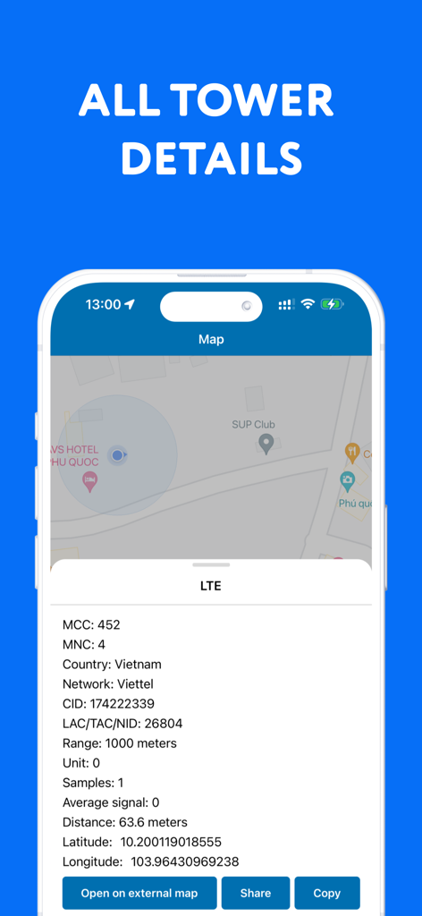 Captura de pantalla de la aplicación Localizador de Torres Celulares que muestra datos técnicos detallados de LTE y la ubicación en el mapa de una torre de red.