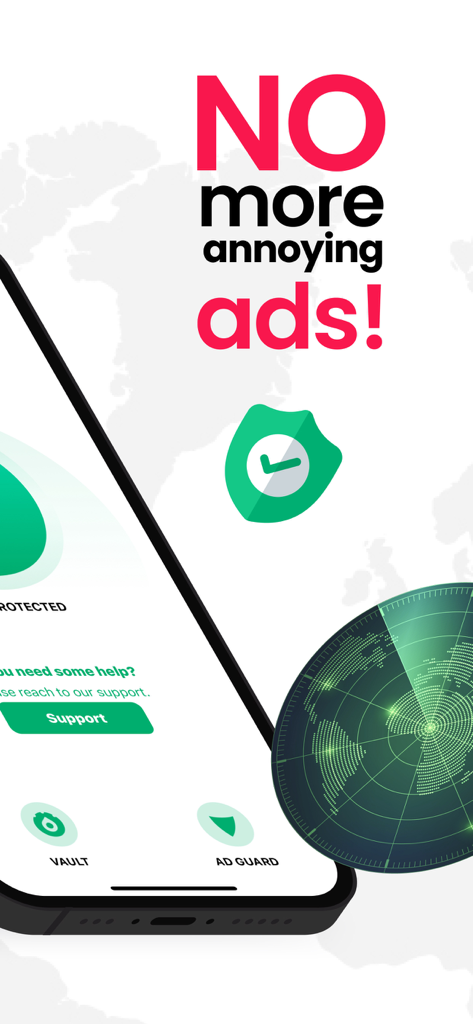 Security VPM Master - iPhone screen for Security VPM Master app highlighting its ad blocking feature with the text No more annoying ads