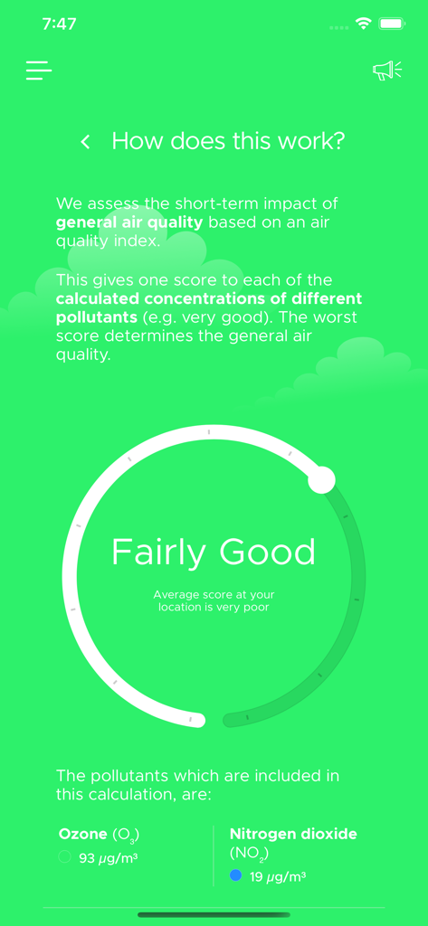BelAir - BelAir app screen explaining how the air quality index is calculated showing a gauge with a Fairly Good rating and pollutant data